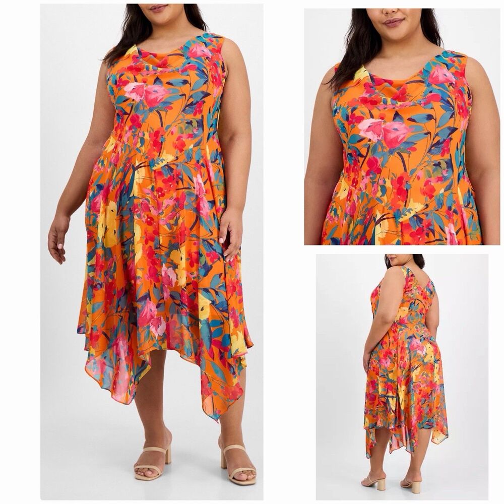Signature Robbie Bee Plus Size Cowl Neck Sleeveless Handkerchief-Hem Dress 20W